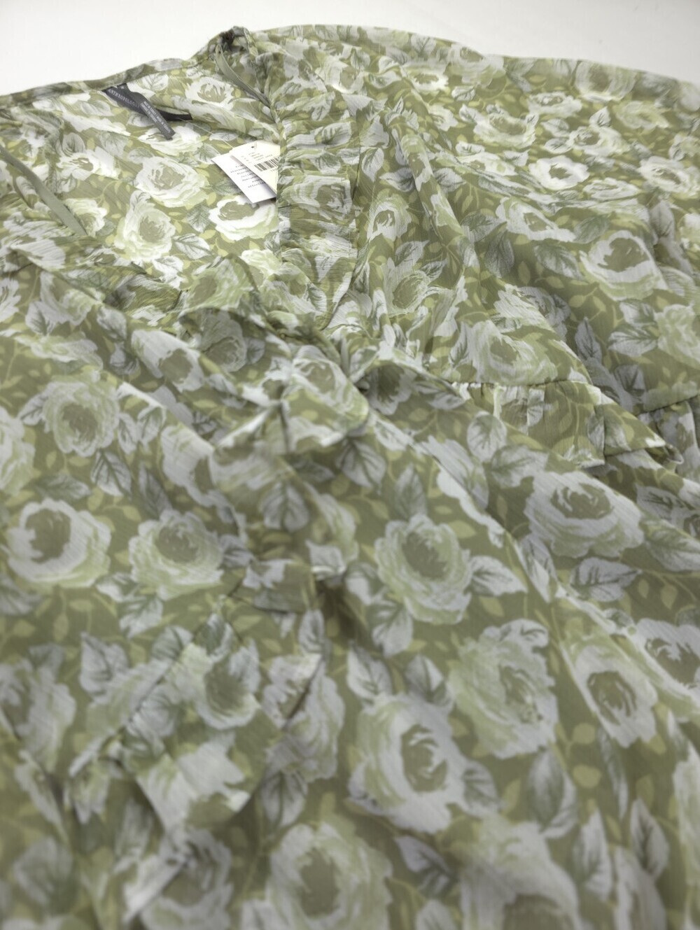 New Anthropologie Loverly Grey Green Floral Ruffle V-Neck Mini Dress Sz M - Picture 6 of 11